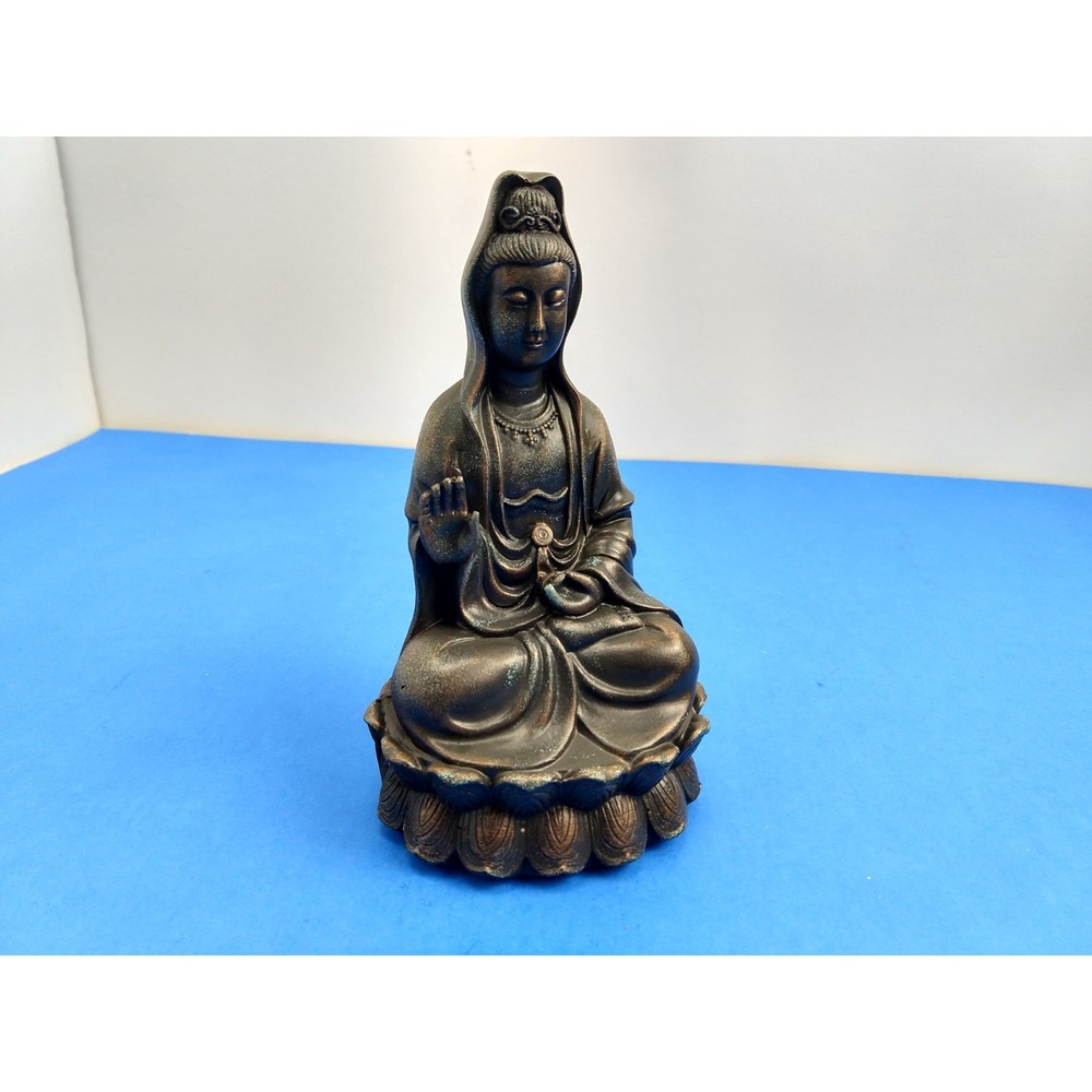 Brass Tone Kuan Yin Resin Sculpture Figure 5.5" Nepal